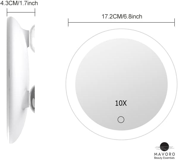 10X Magnifying Mirror with LED Light and 3 Suction Cups