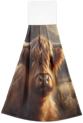 Premium Scottish Cow Brown Kitchen Hand Towels Set of 2 with Loop