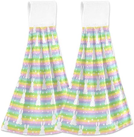 Perfect Gift Green Rainbow Rabbits Kitchen Hanging Hand Towels