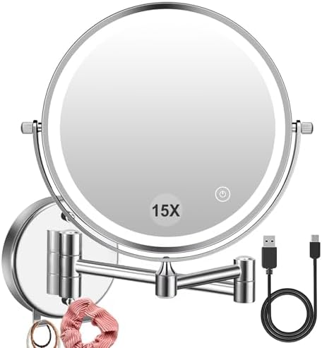 1X15X Wall-Mounted Makeup Mirror with Hook