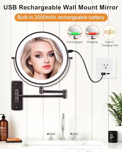 Wall-Mounted Lighted Makeup Mirror - 9 Inch Double-Sided 10X Magnifier