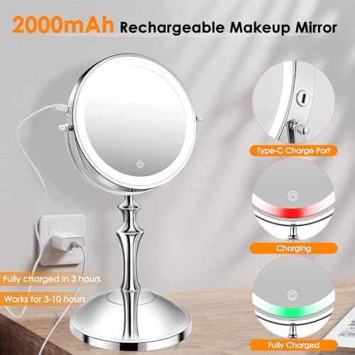 Dirket 8 Double-Sided Rechargeable Makeup Mirror with 10X Magnification