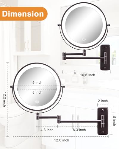 Wall-Mounted Lighted Makeup Mirror - 9 Inch Double-Sided 10X Magnifier