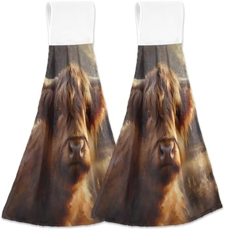 Premium Scottish Cow Brown Kitchen Hand Towels Set of 2 with Loop