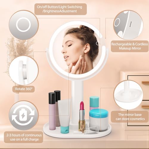 Lighted Makeup Mirror with Rechargeable 1X10X Magnification