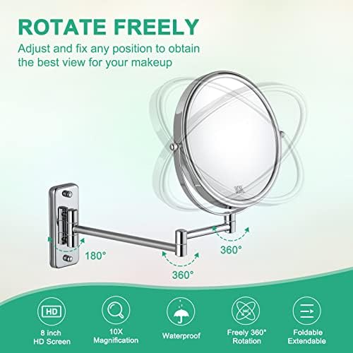 Adjustable Chrome-Finished Wall-Mounted Makeup Mirror with 10x Magnification