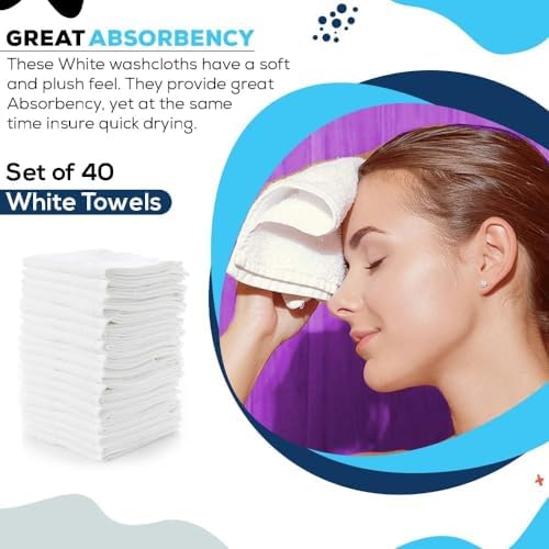 Cotton Washcloths White Set of 40 12 x 12