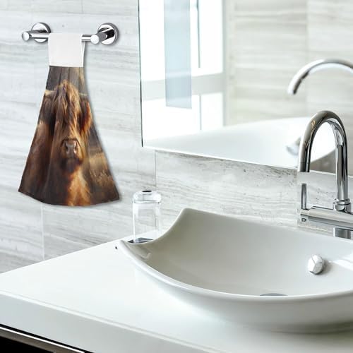 Premium Scottish Cow Brown Kitchen Hand Towels Set of 2 with Loop