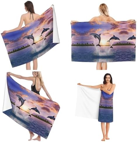 Sunset Dolphins Printed Microfiber Bath Towel - 52x32 Inch