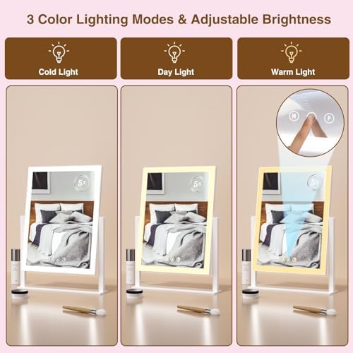 Compact Lighted Makeup Mirror with 5X Magnification and 360 Rotation