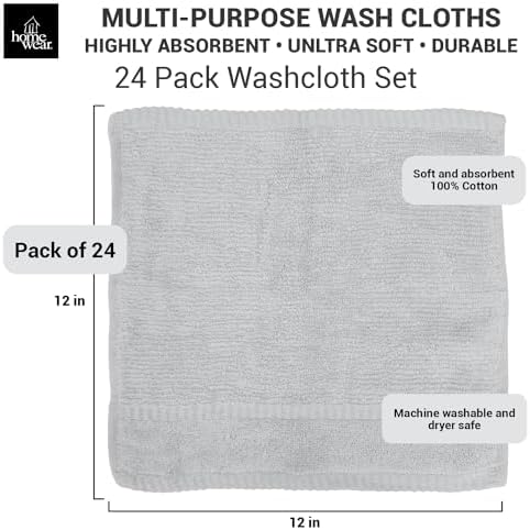 Premium 12x12 Zero Twist Wash Cloth Set - 24 x 100 Cotton Soft Plush