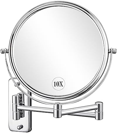 Adjustable Chrome-Finished Wall-Mounted Makeup Mirror with 10x Magnification