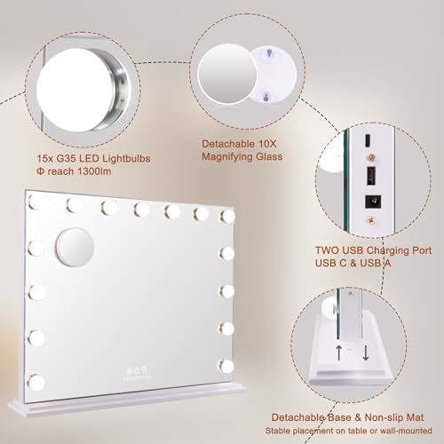 FENCHILIN Lighted Vanity Mirror with 15 LED Bulbs
