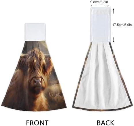 Premium Scottish Cow Brown Kitchen Hand Towels Set of 2 with Loop