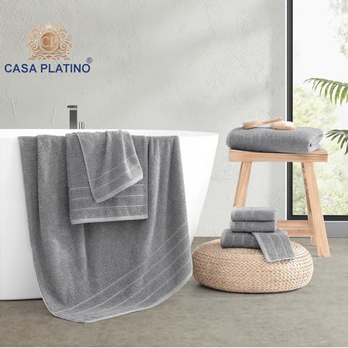 Casa Platino Bath Towels Set - 2 Bath 2 Hand 4 Washcloths - Mercerized Soft Cotton 30x60 - Grey