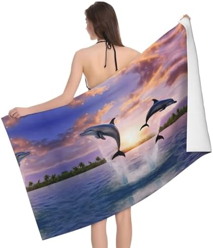 Sunset Dolphins Printed Microfiber Bath Towel - 52x32 Inch