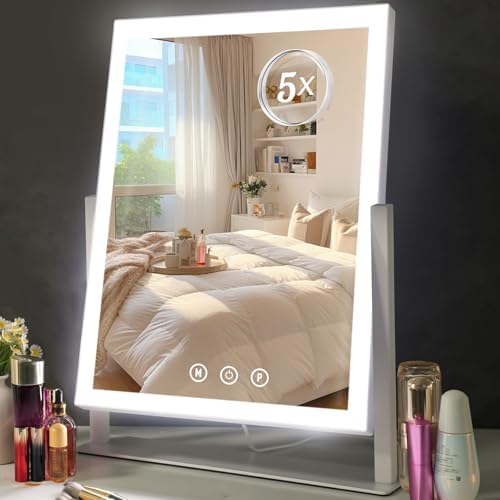 Compact Lighted Makeup Mirror with 5X Magnification and 360 Rotation