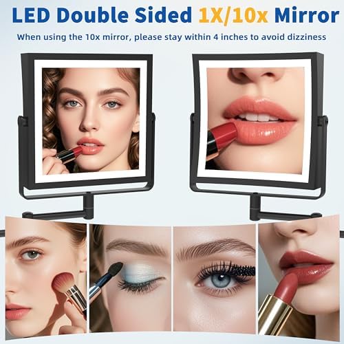 rqac Rechargeable Wall-Mounted Makeup Mirror wLights 10X magnification Matte Black