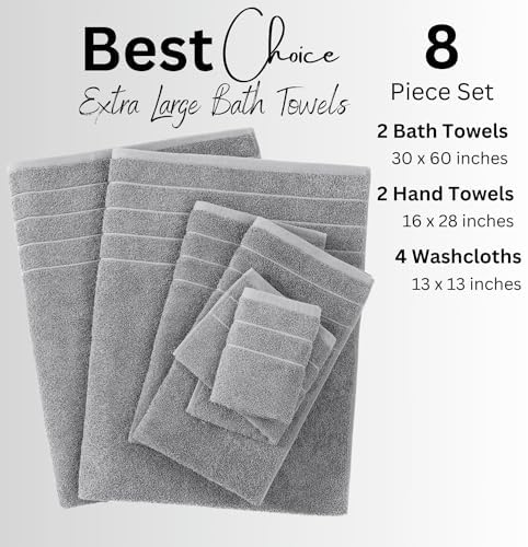 Casa Platino Bath Towels Set - 2 Bath 2 Hand 4 Washcloths - Mercerized Soft Cotton 30x60 - Grey