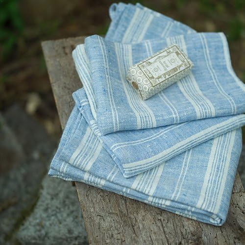LinenMe Set of 2 Extra Soft Linen Hand Towels 18x28 Blue White Prewashed