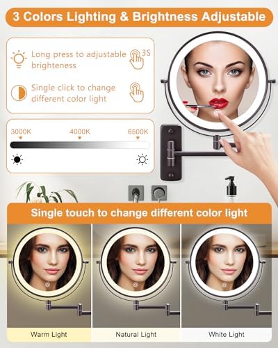 Wall-Mounted Lighted Makeup Mirror - 9 Inch Double-Sided 10X Magnifier