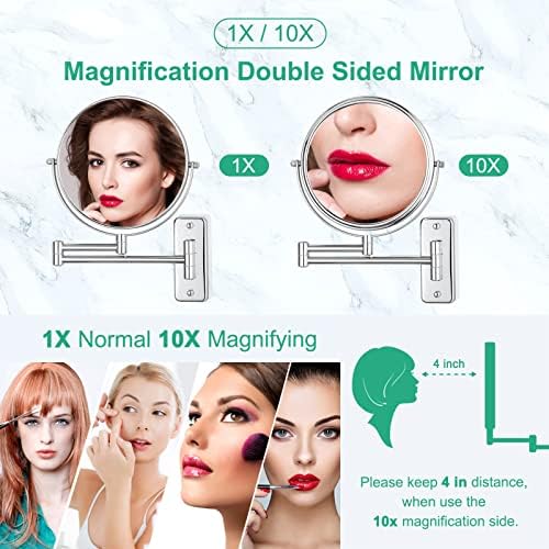 Adjustable Chrome-Finished Wall-Mounted Makeup Mirror with 10x Magnification