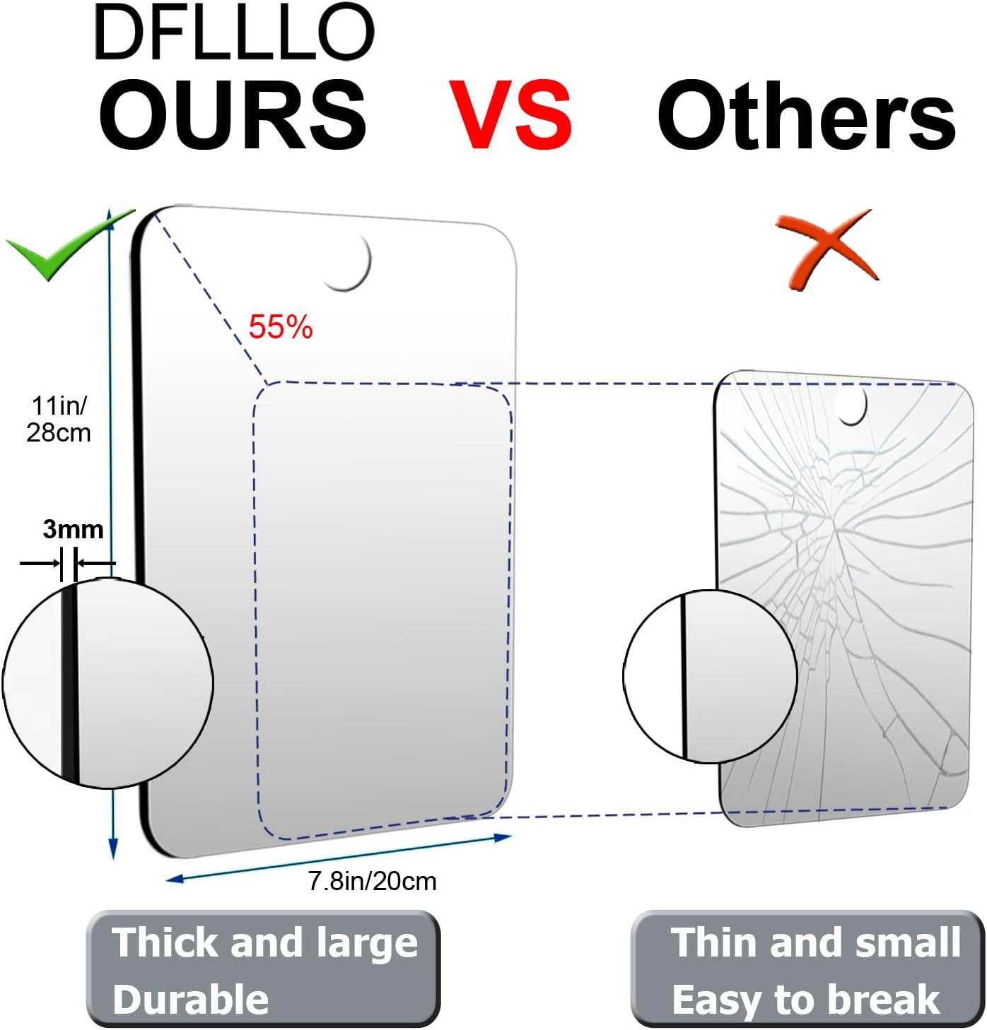 Large Fogless Shower Mirror 11x78 Inch Shatterproof