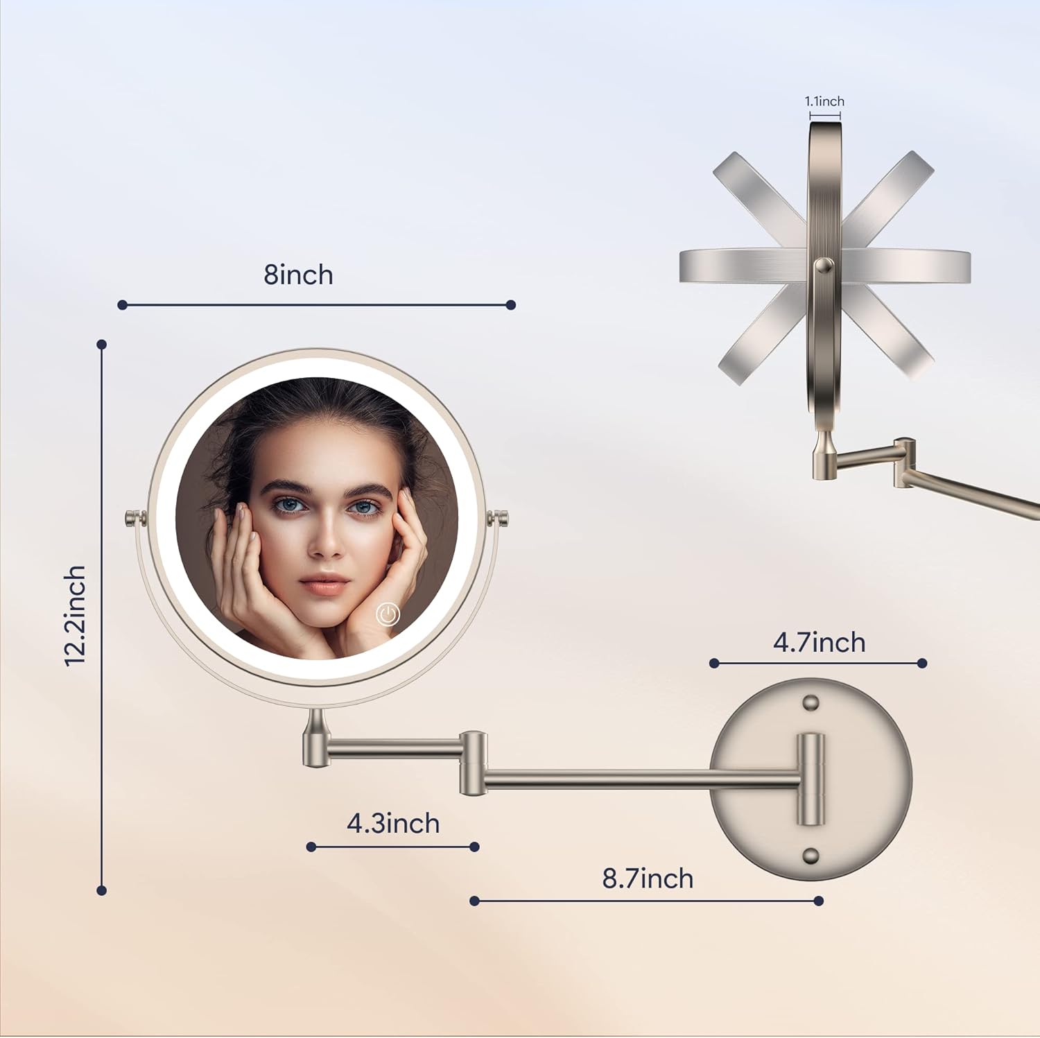8-Inch Rechargeable LED Vanity Mirror with 360 Swivel 10X Magnification