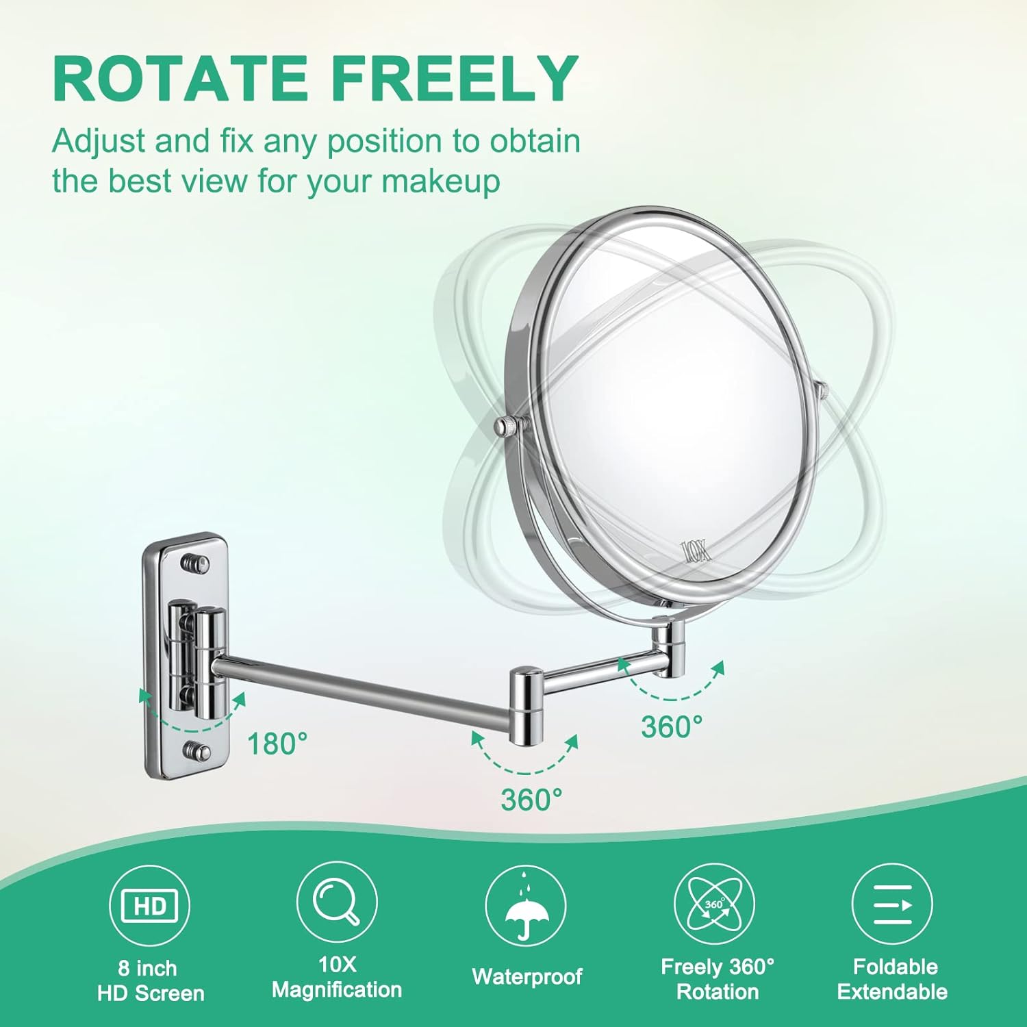 Adjustable Chrome-Finished Wall-Mounted Makeup Mirror with 10x Magnification