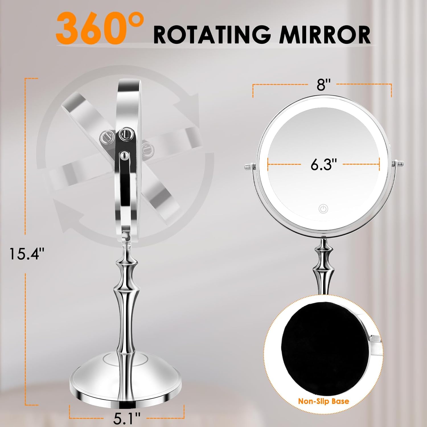 Dirket 8 Double-Sided Rechargeable Makeup Mirror with 10X Magnification