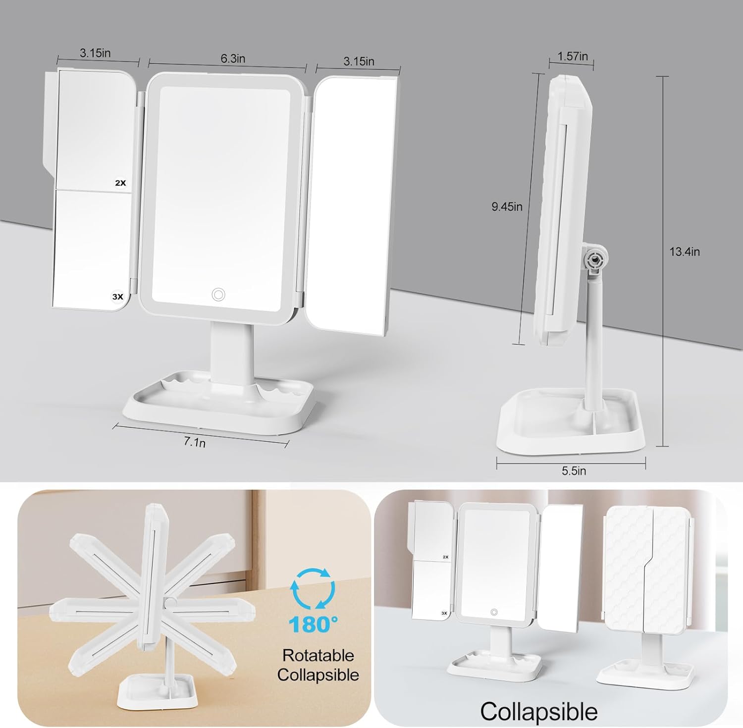 Multi-Functional Magnetic Makeup Mirror with Lights