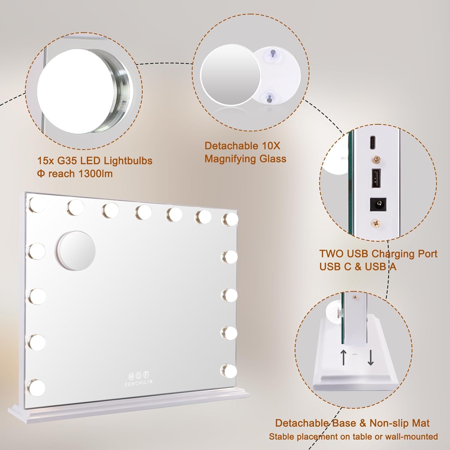FENCHILIN Lighted Vanity Mirror with 15 LED Bulbs