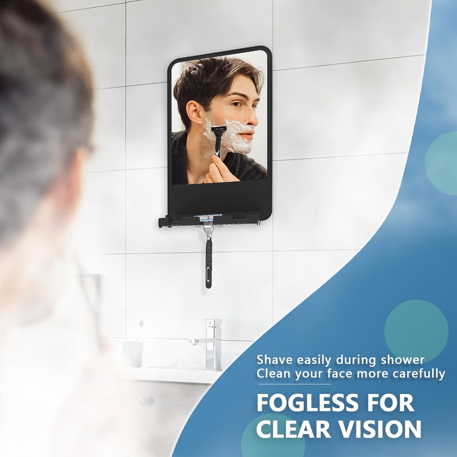 Anti-Fog Shower Mirror with Storage for Men Women