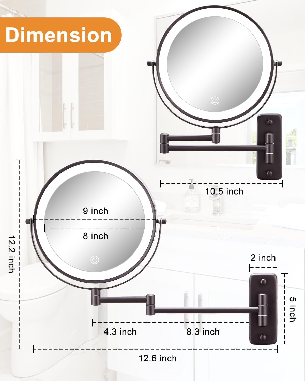 Wall-Mounted Lighted Makeup Mirror - 9 Inch Double-Sided 10X Magnifier