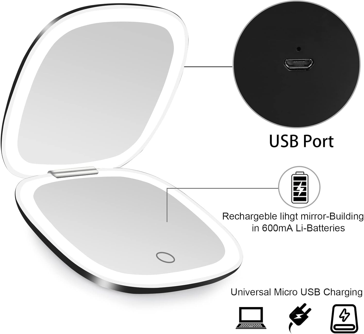 Deweisn Compact Mirror Travel Makeup Mirror with Rechargeable LED Lights