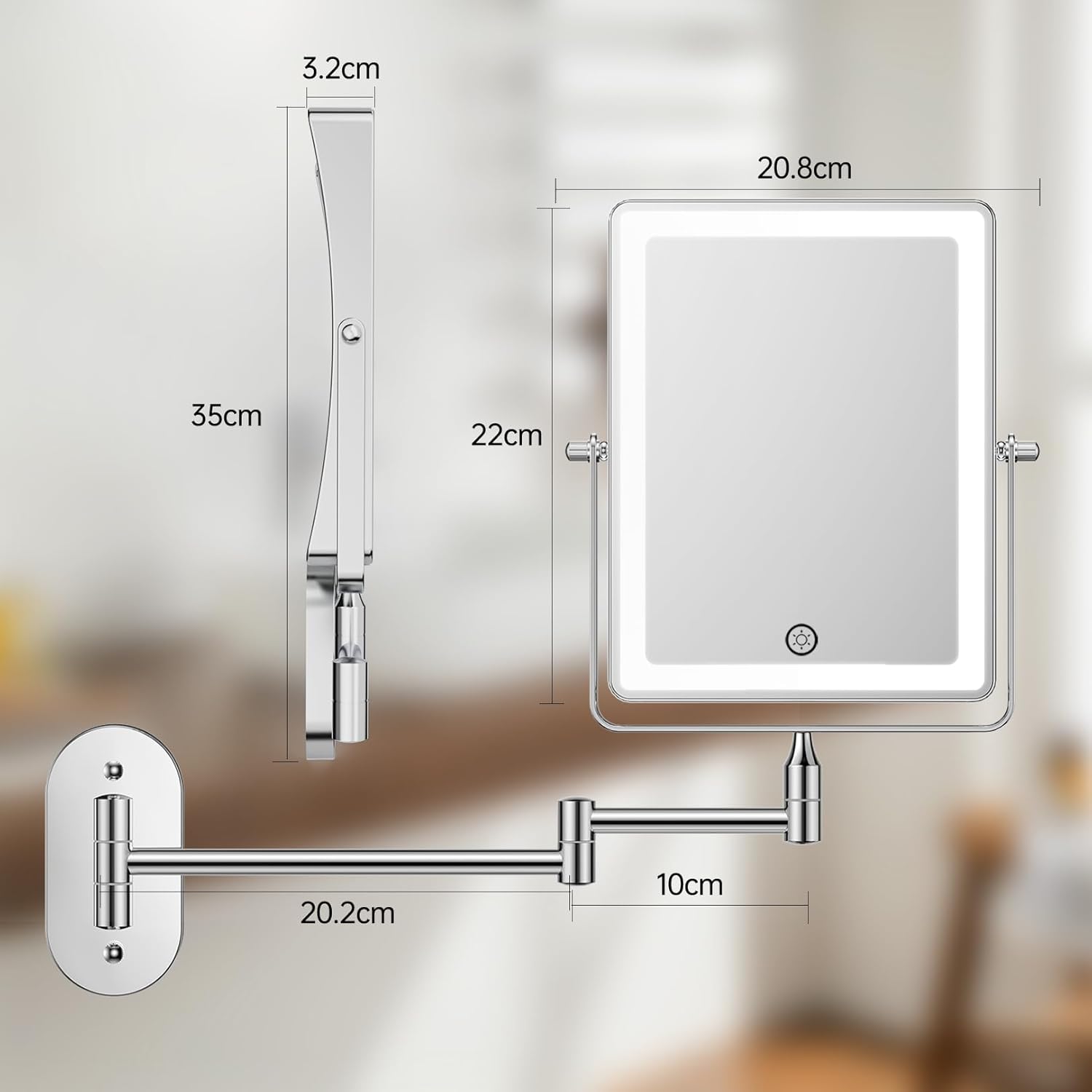 Adjustable 360 Wall-Mounted Makeup Mirror Dimmable Rechargeable