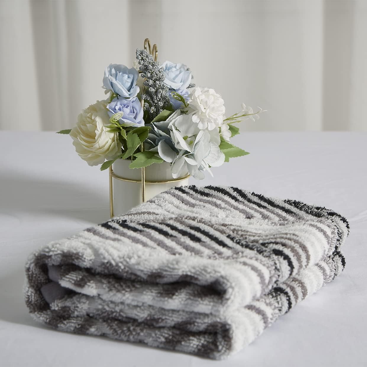 Violet Linen Hand Towels Set 2 - Luxury Terry Cotton Geometric Pattern 20x30 Black