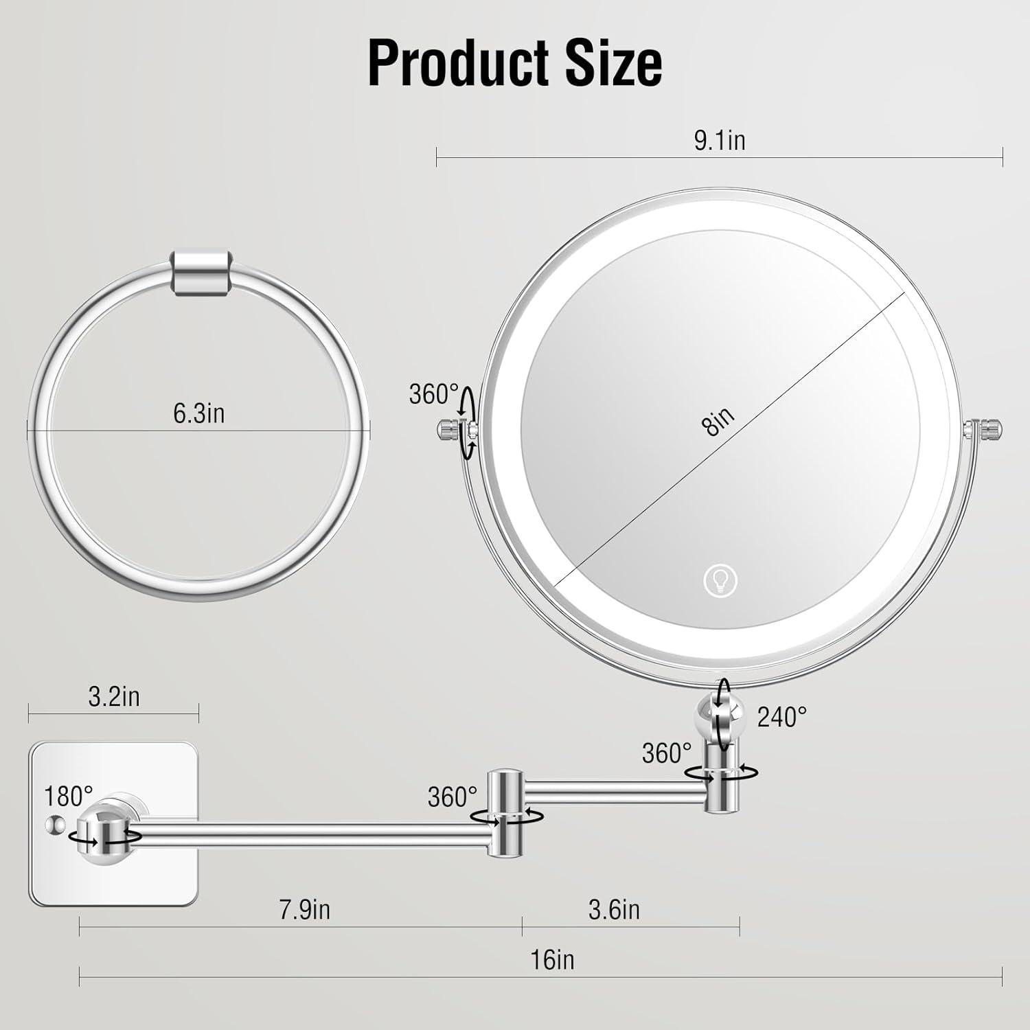 Large 360-Rotation Makeup Mirror with Detachable Towel Ring
