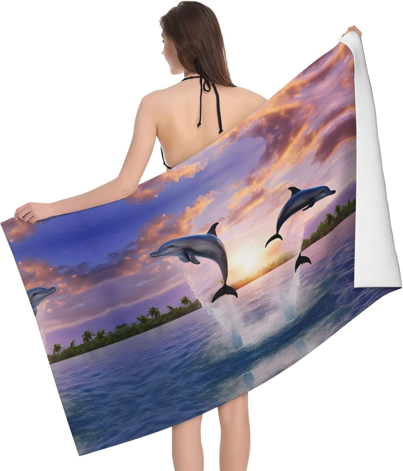 Sunset Dolphins Printed Microfiber Bath Towel - 52x32 Inch