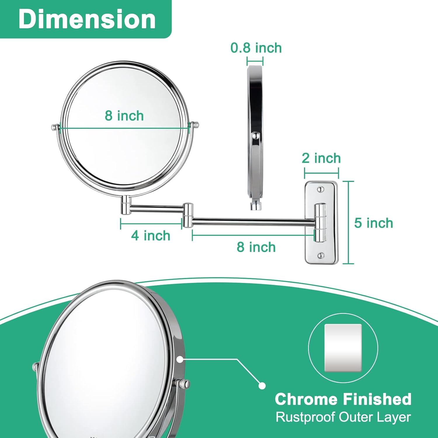 Adjustable Chrome-Finished Wall-Mounted Makeup Mirror with 10x Magnification