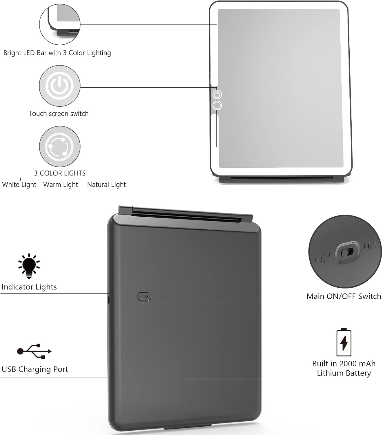 Weily Portable Makeup Mirror with LED Lights and Touch Screen