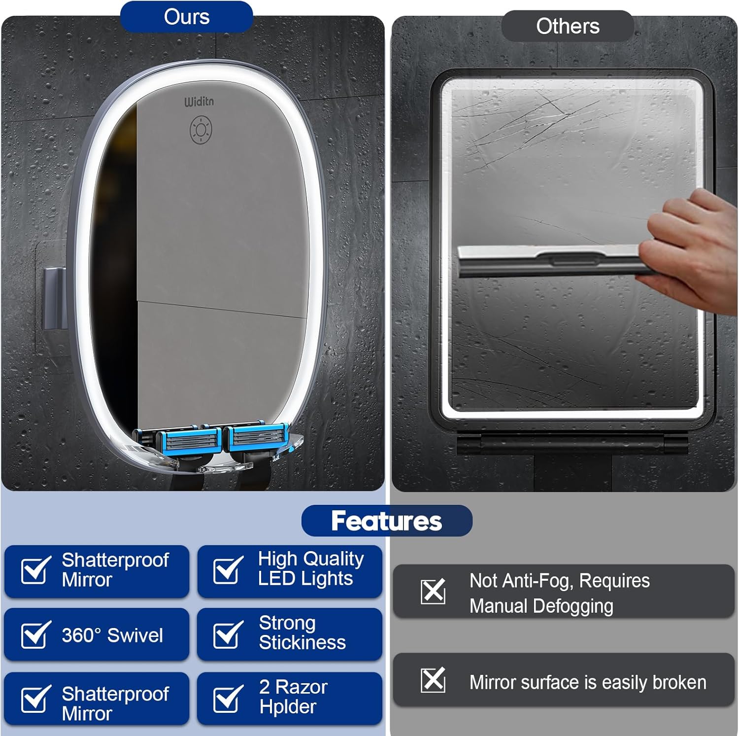 Fogless LED Shower Mirror with Adjustment