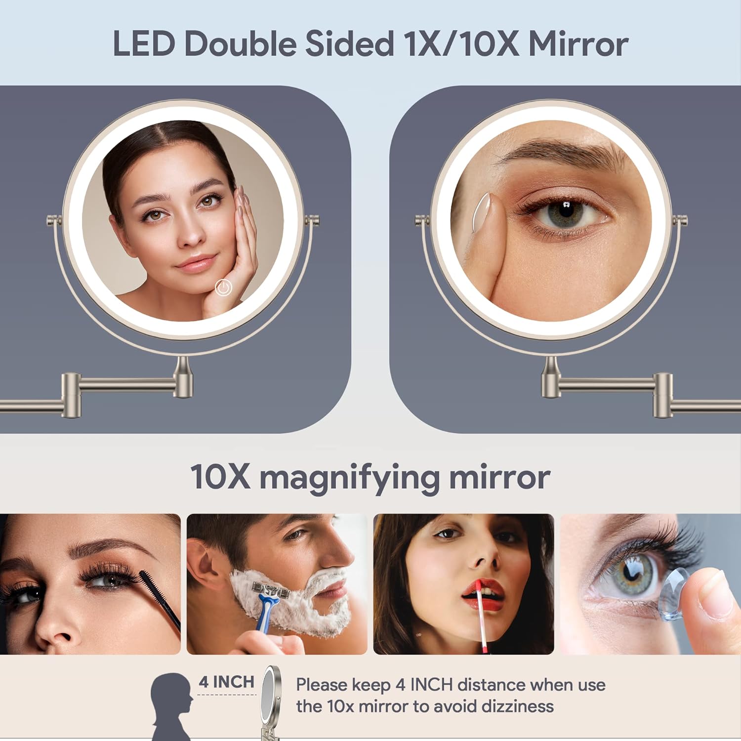 8-Inch Rechargeable LED Vanity Mirror with 360 Swivel 10X Magnification