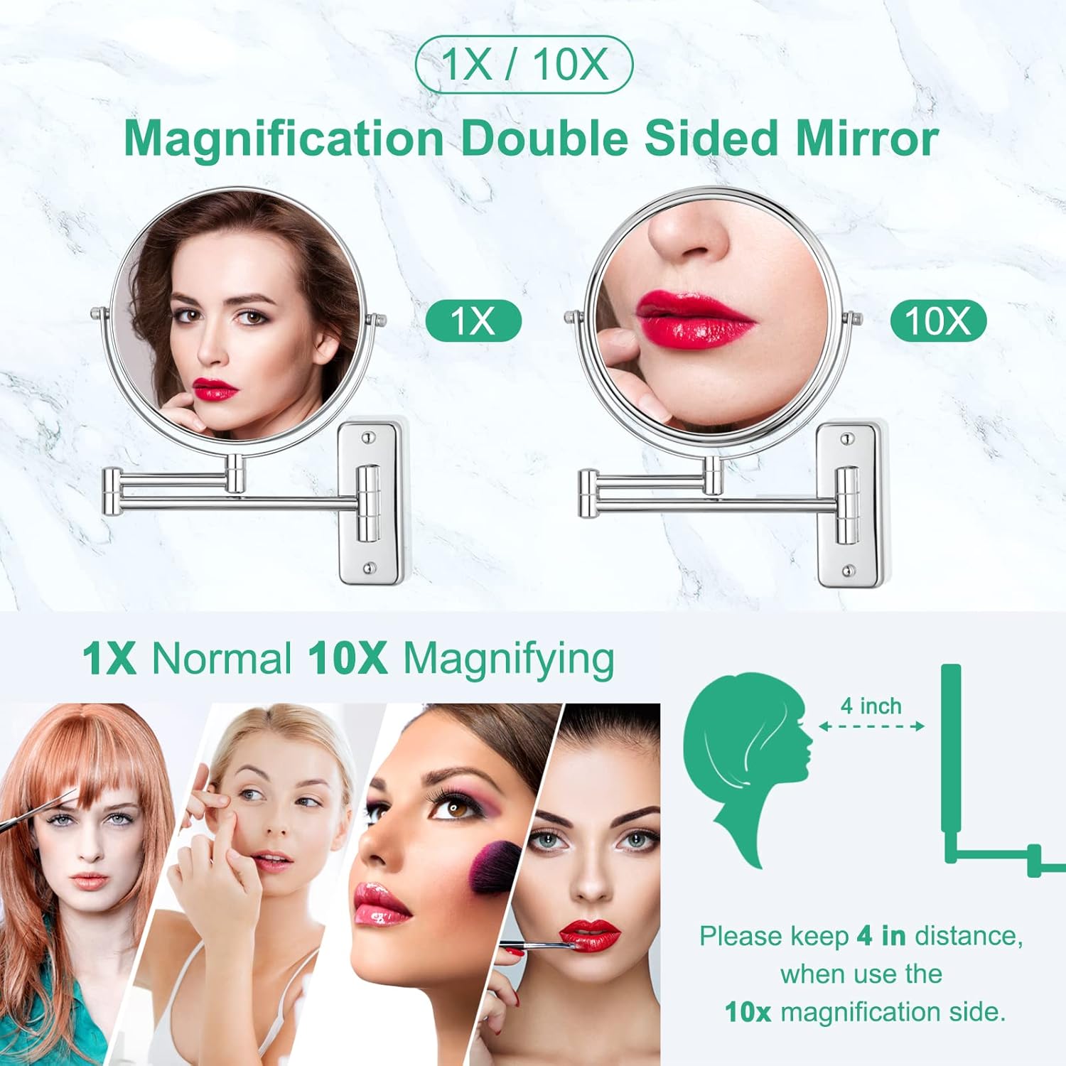 Adjustable Chrome-Finished Wall-Mounted Makeup Mirror with 10x Magnification
