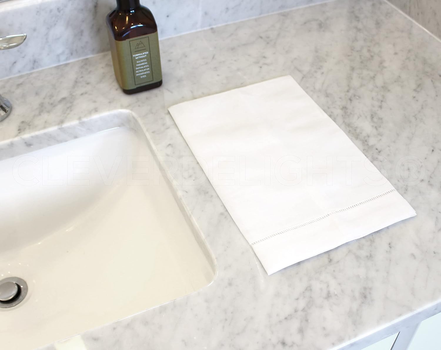 CleverDelights White Linen Hemstitch Hand Towels 14x22 Set of 6