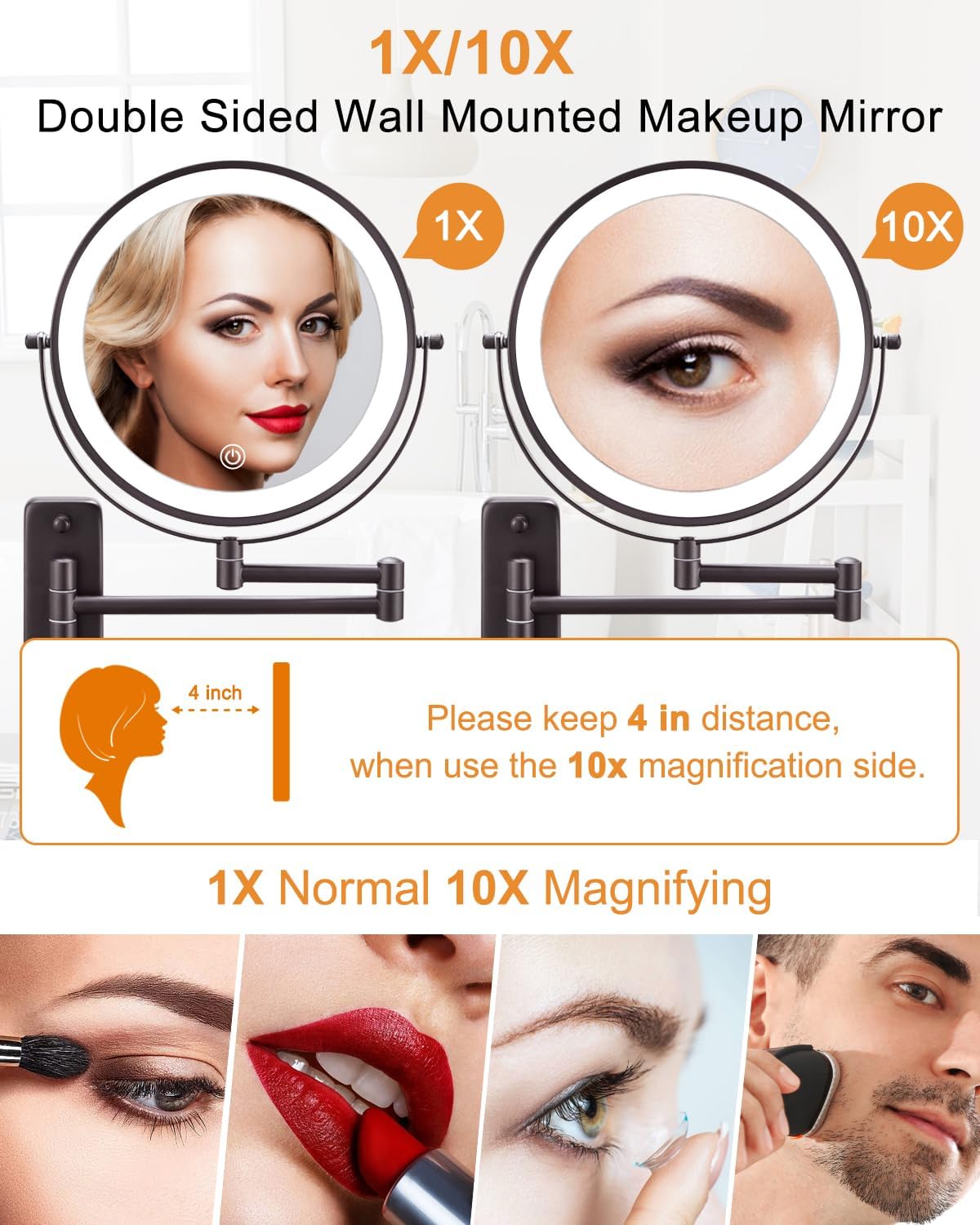 Wall-Mounted Lighted Makeup Mirror - 9 Inch Double-Sided 10X Magnifier