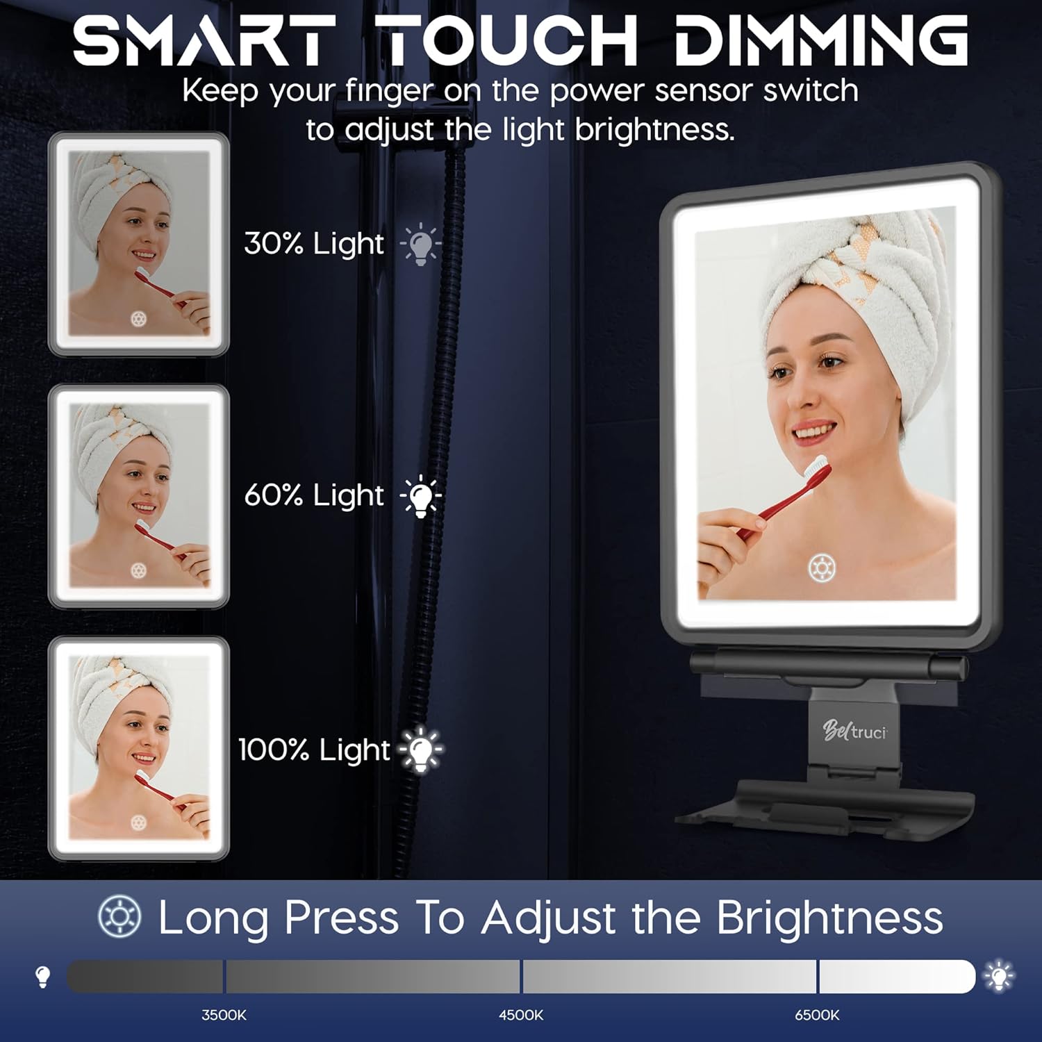 Beltruci Cinema Shower Mirror for Shaving Fogless Lighted High-Quality Organizer