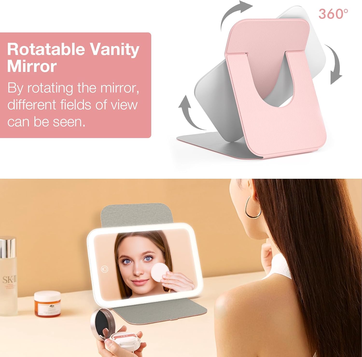 Kintion Travel Makeup Mirror - 60 LEDs 360 Rotation Rechargeable