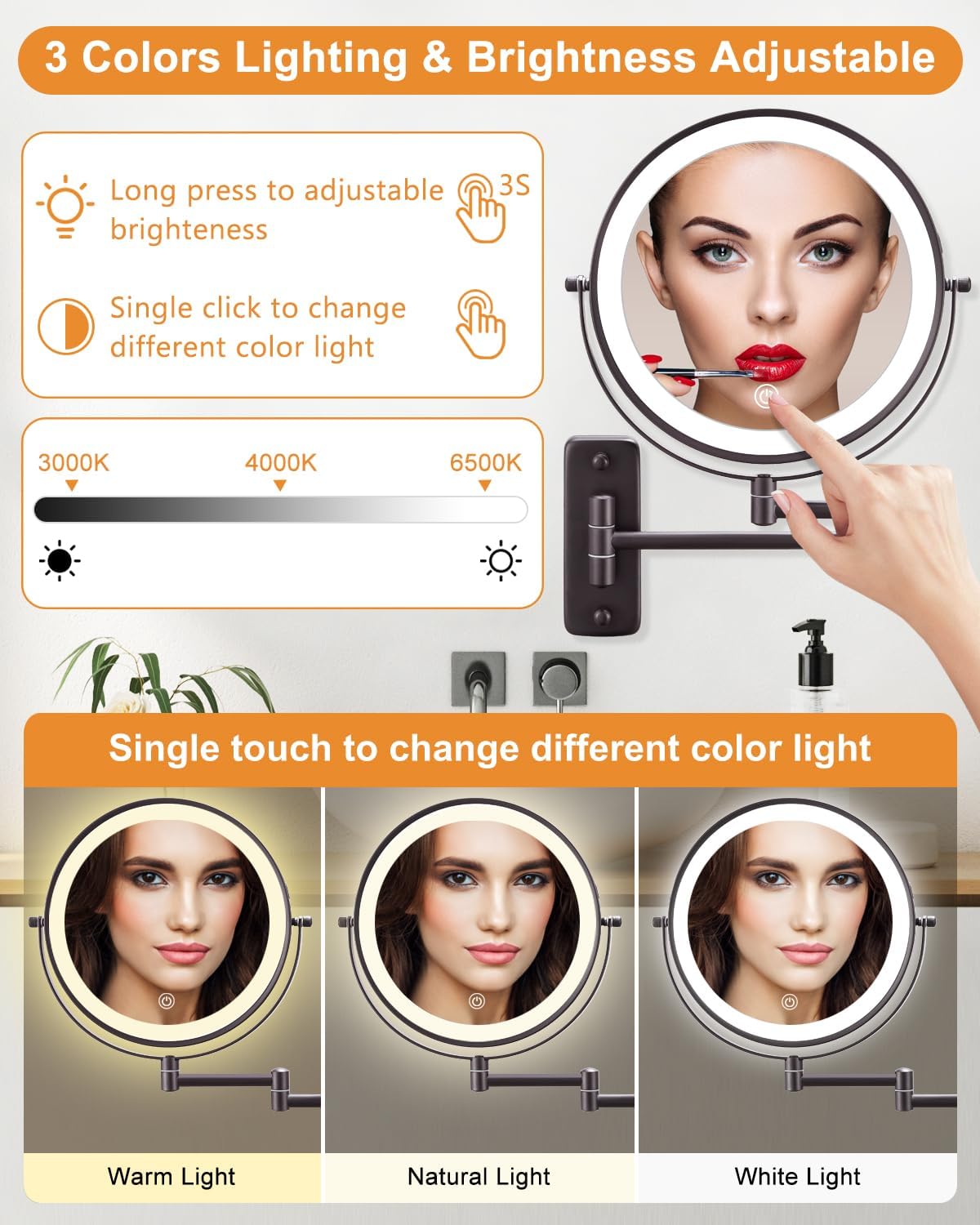 Wall-Mounted Lighted Makeup Mirror - 9 Inch Double-Sided 10X Magnifier