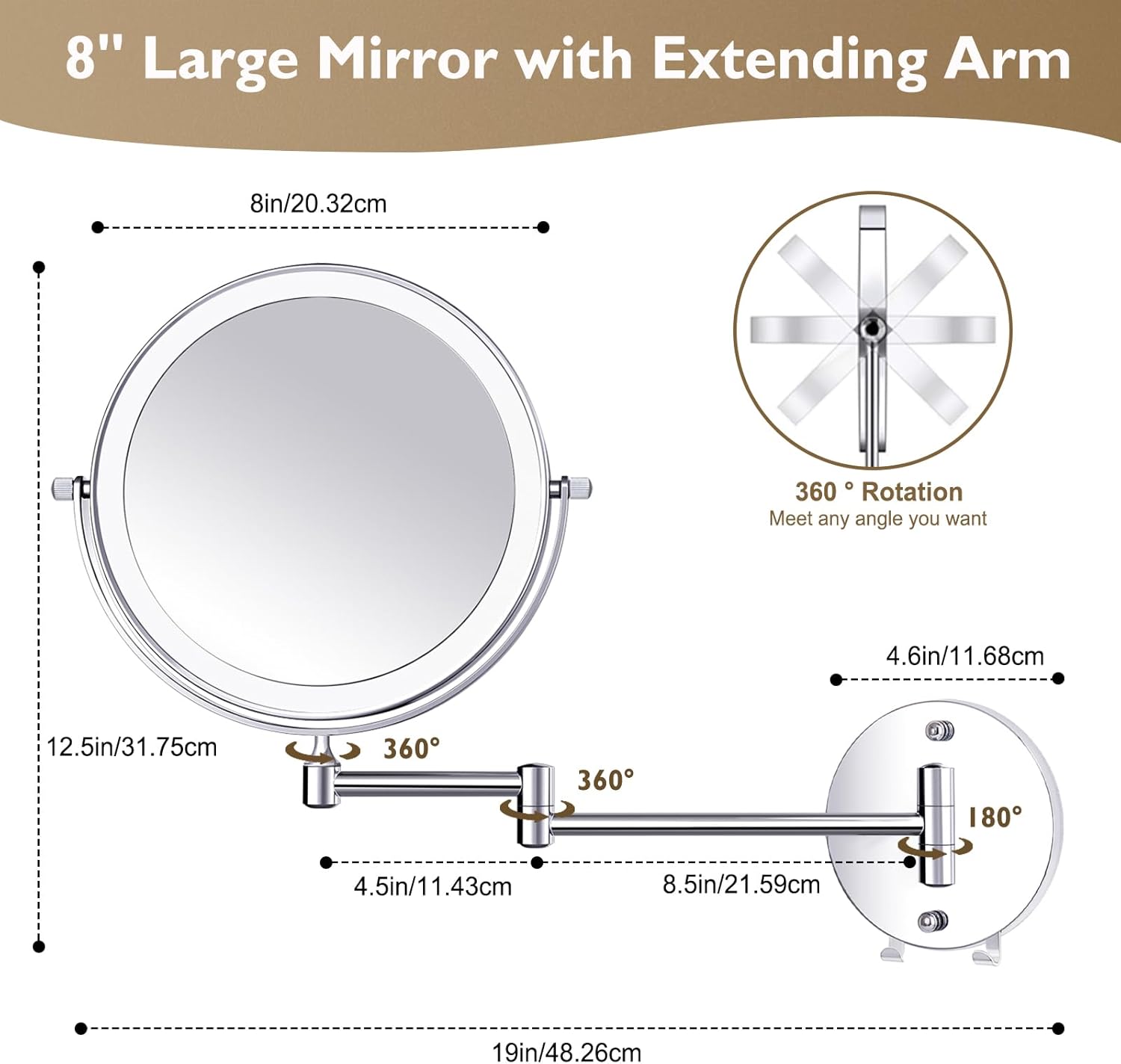 1X15X Wall-Mounted Makeup Mirror with Hook